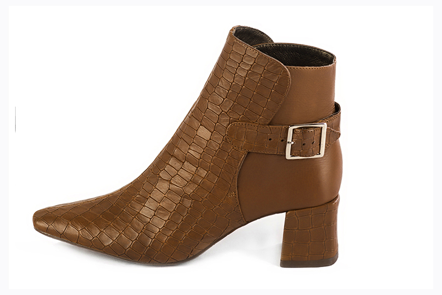Caramel brown women's ankle boots with buckles at the back. Square toe. Medium block heels. Profile view - Florence KOOIJMAN